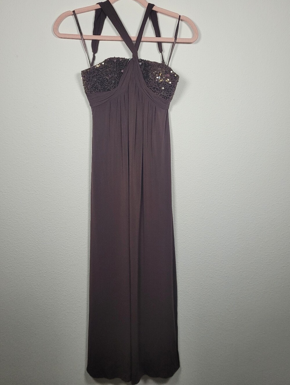 BCBGMAXAZRIA Y2K Brown Sequin Bust Halter Neck Maxi Dress XS Ruched Tie Back
